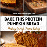 A sliced loaf of Pumpkin Bread High Protein topped with pumpkin seeds on a rustic wooden board.